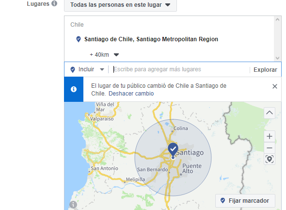 En Facebook Ads encontrarás de esta manera tu geolocalización.